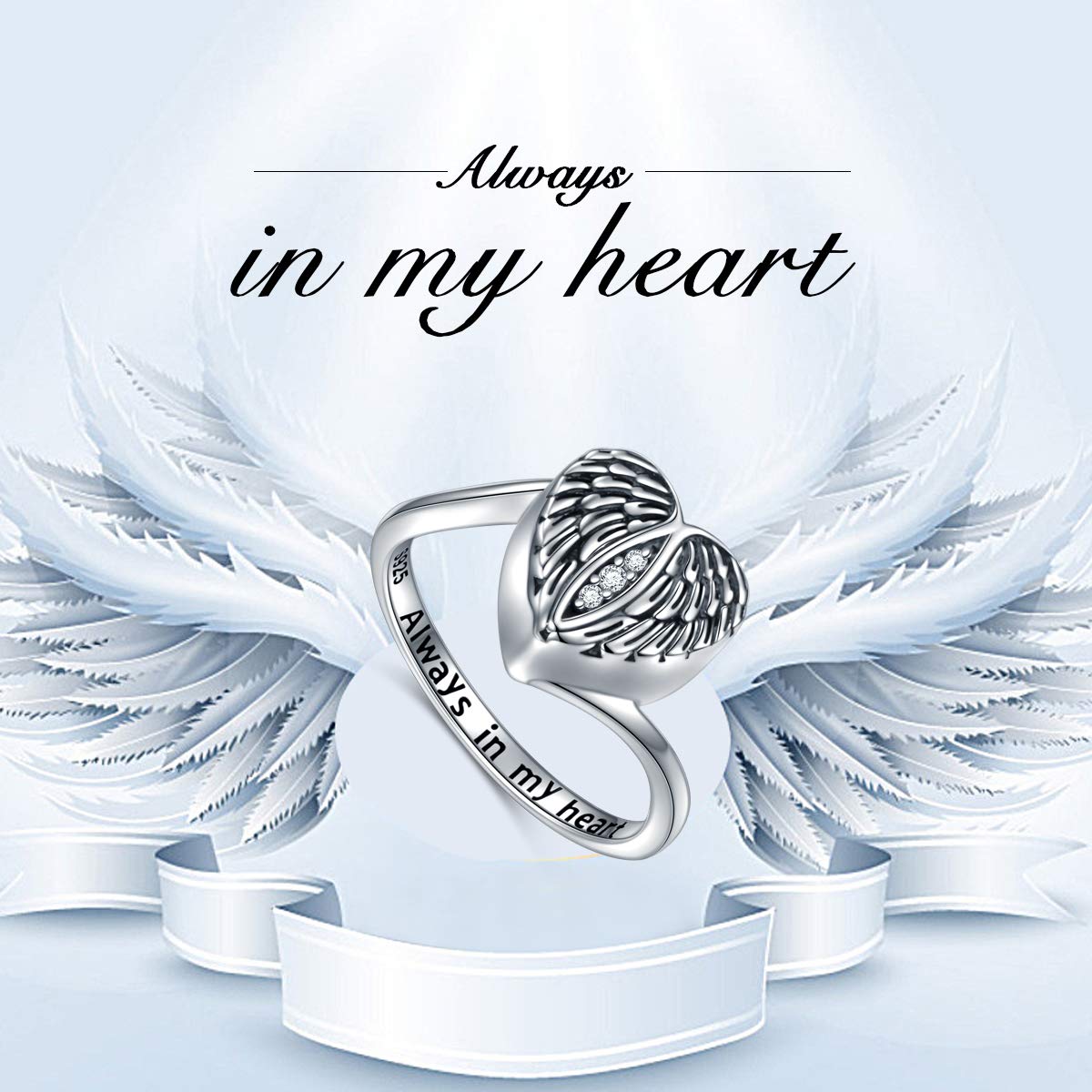 925 Sterling Silver Angel Wings Urn Heart Ring Hold Loved Ones Ashes Always in My Heart Keepsake Memorial Jewelry Cremation Rings for Women（8）