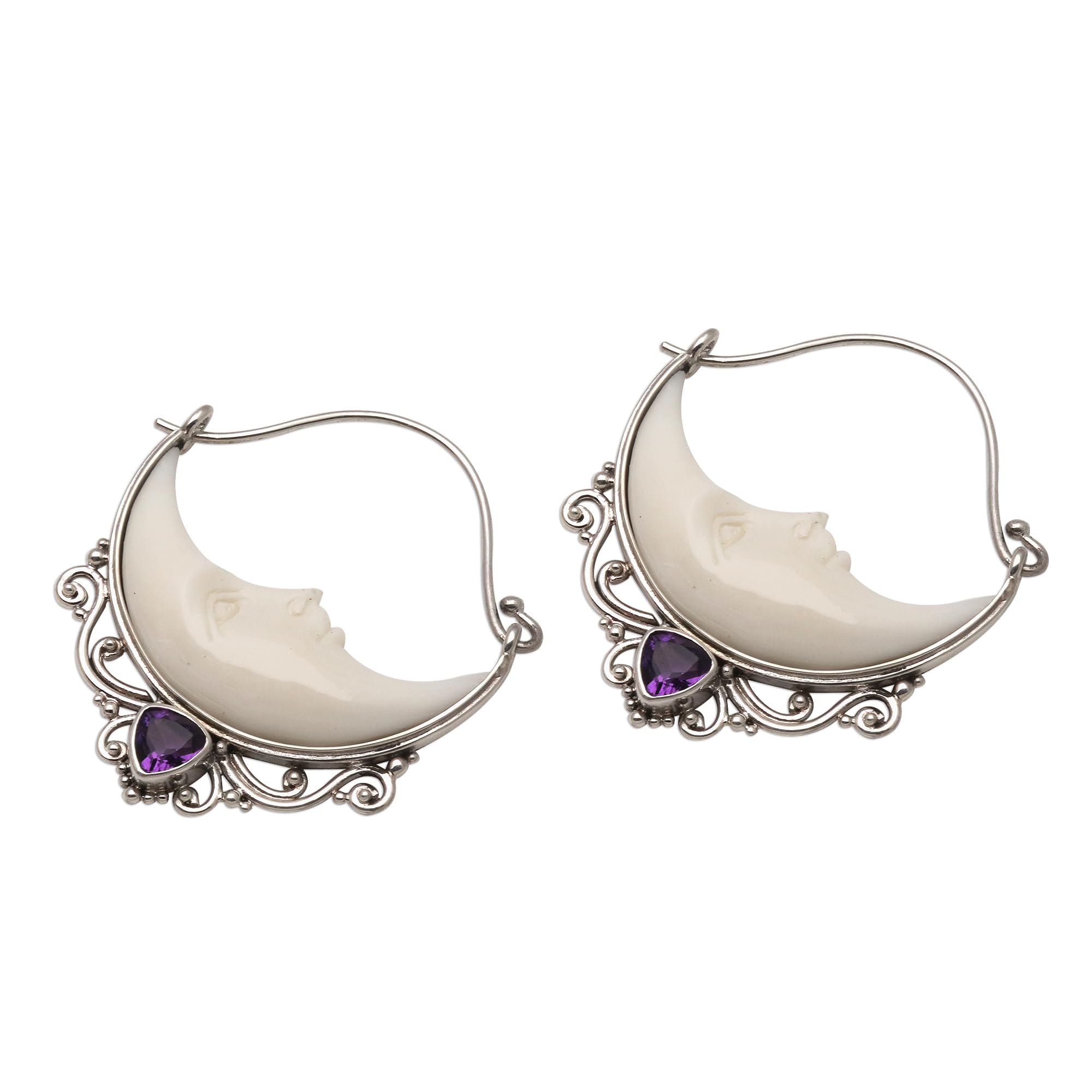 NOVICA Artisan Handmade Amethyst Hoop Earrings Crescent Moon from Bali Bone Sterling Silver Indonesia Birthstone Gemstone Sun [1.4 in L x 0.2 in W x 1.2 in D] ' Sleeping Moons'