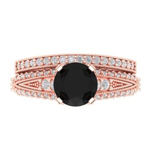 2.20 ct Round Cut Solitaire Genuine Natural Black Onyx Art Deco Statement Wedding Ring Band set 18K Rose Solid Gold 9.25