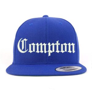 trendy apparel shop old english font compton city embroidered flat bill cap - royal