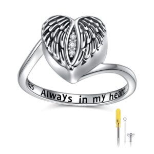 925 Sterling Silver Angel Wings Urn Heart Ring Hold Loved Ones Ashes Always in My Heart Keepsake Memorial Jewelry Cremation Rings for Women（8）