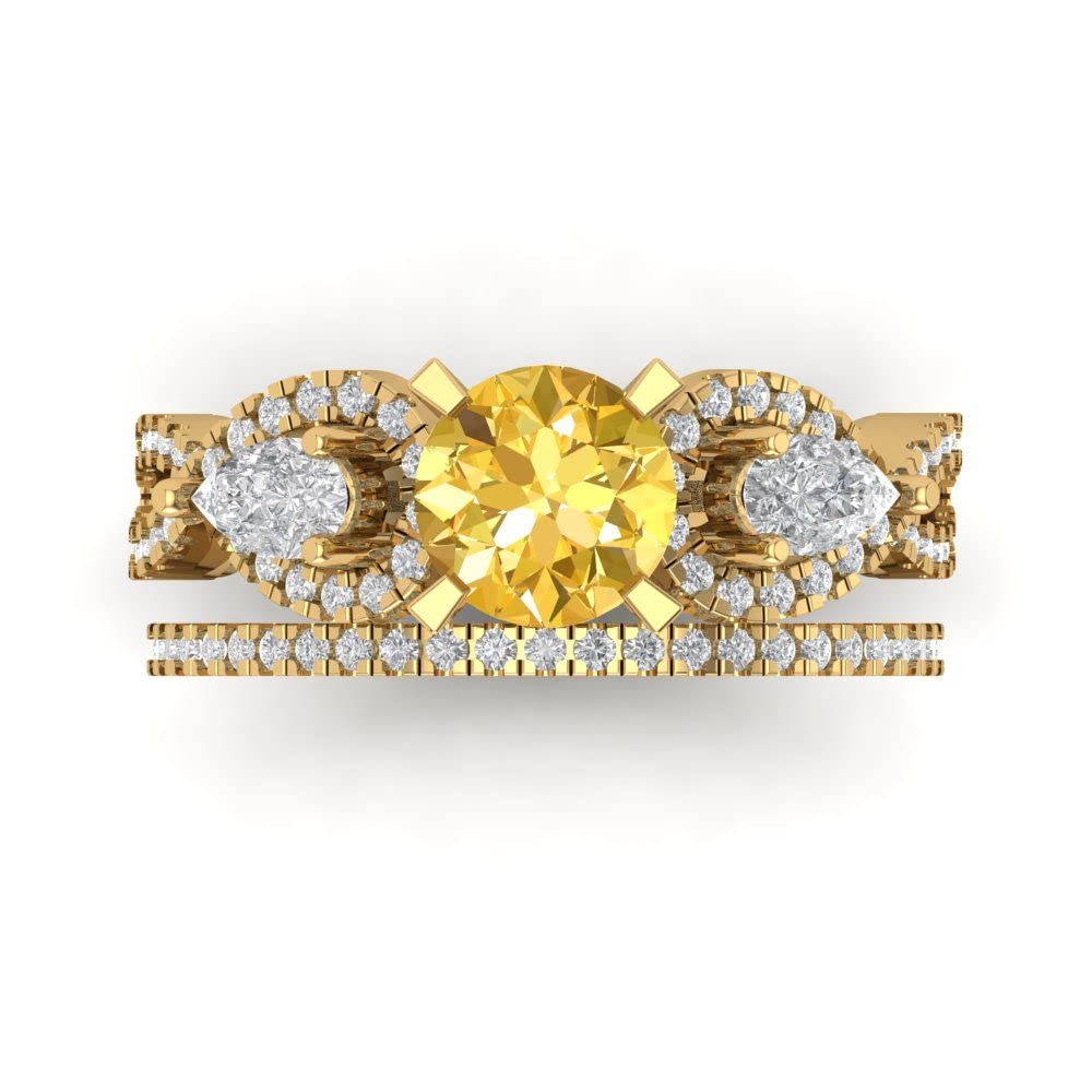 Clara Pucci 2.1ct Round Cut Solitaire 3 stone Real Yellow Citrine Designer Art Deco Statement Wedding Ring Band Set 18K Yellow Gold 10.75