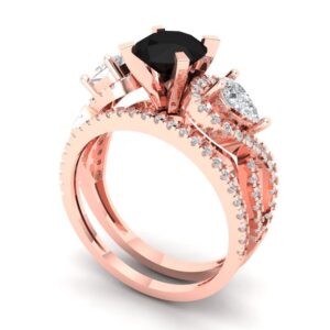 2.1 ct Round Cut Solitaire 3 stone Natural Black Onyx Designer Art Deco Statement Wedding Ring Band Set 18K Rose Gold 8