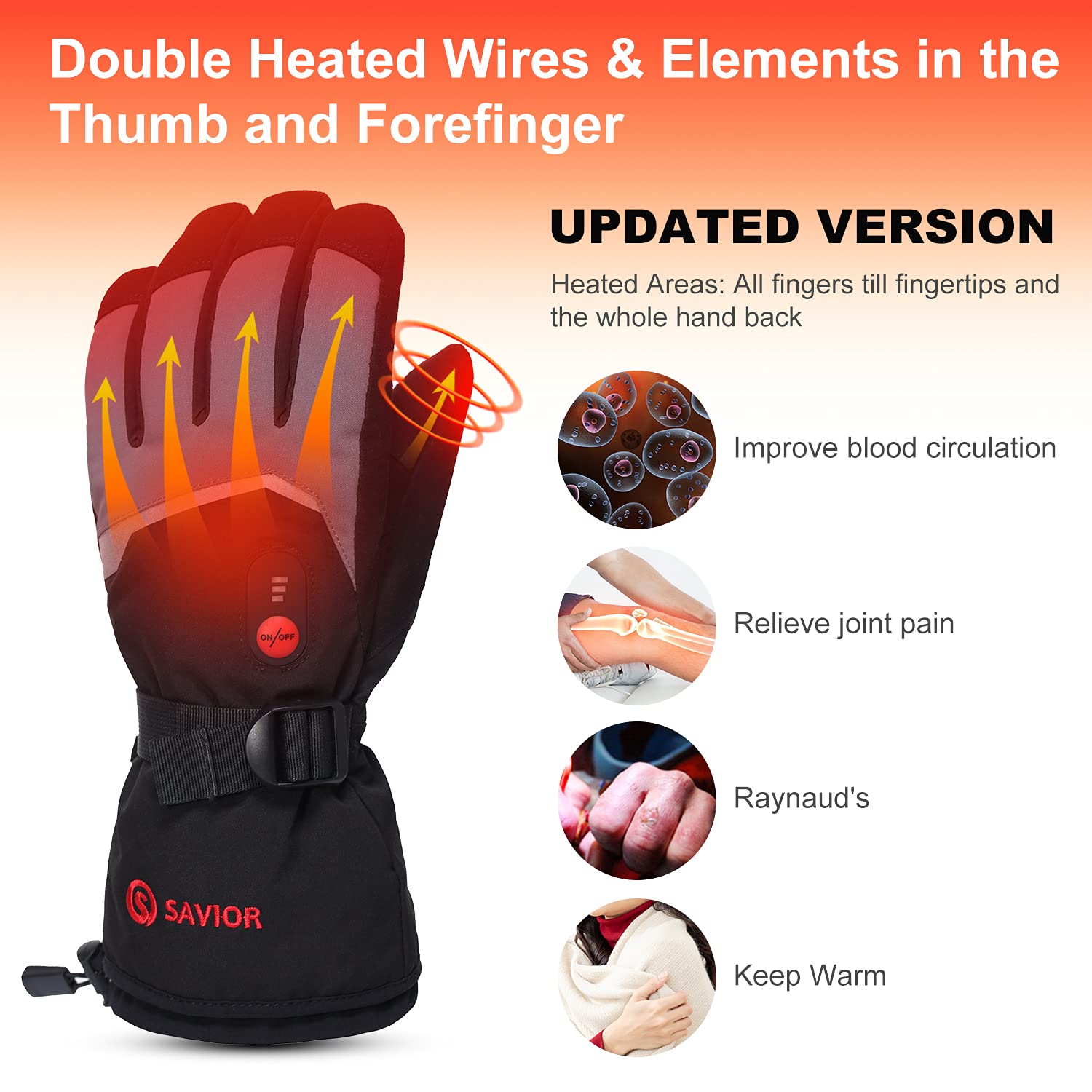 SAVIOR HEAT Heated Gloves Electric Rechargeable Battery Men Women 7.4V Heating Gloves Winter Ski Motorcycle Work Snowboarding Hunting Hiking Camping Walking