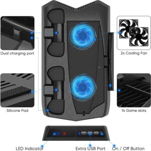 Cooling Fan Vertical Stand Compatible with Playstation 5 with DualSense Controller Charging Station and 14 Game Slots - 4 Thumbstick Caps Included