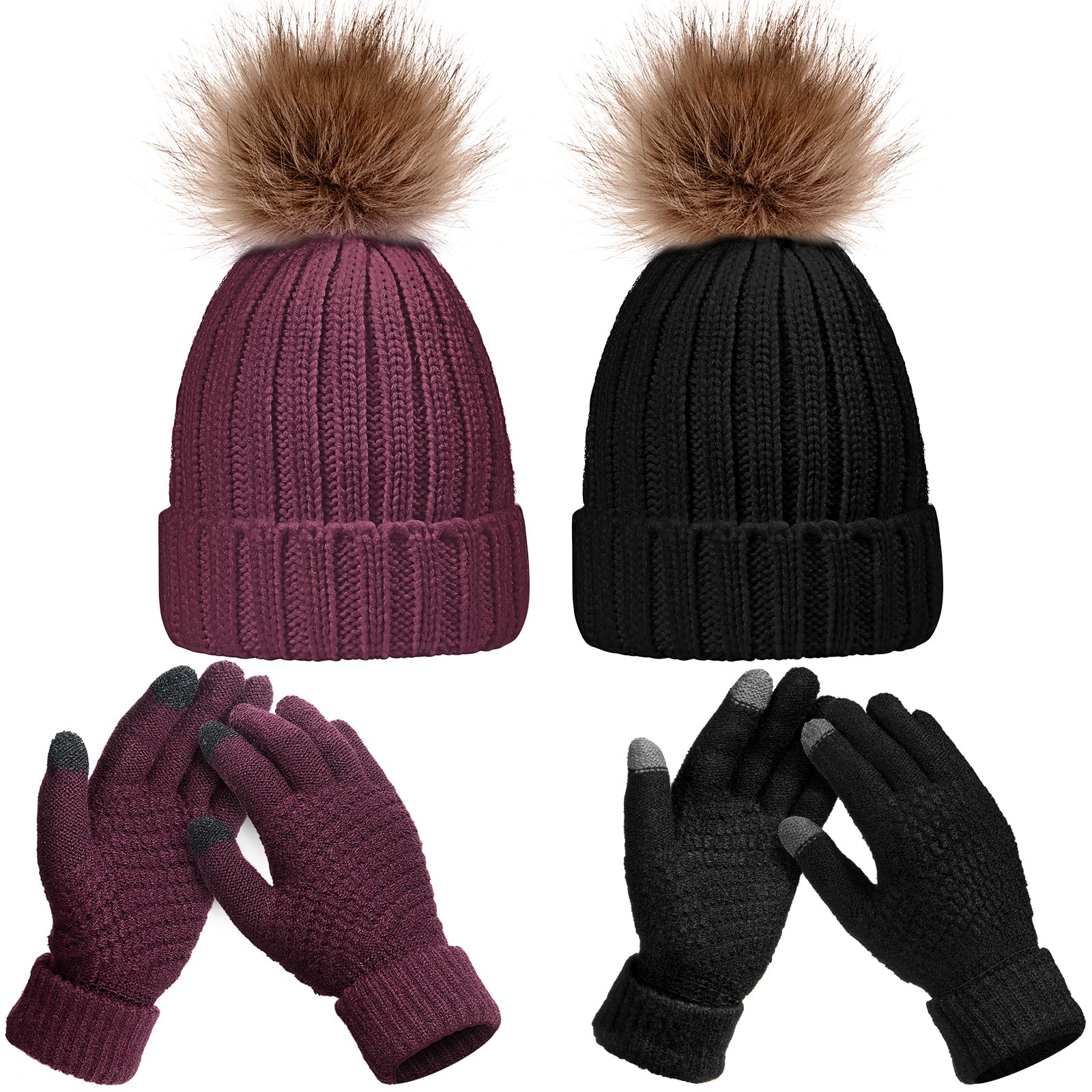 4 Pieces Winter Hat and Gloves Set Women Beanie Hat Gloves Skull Cap Touchscreen Gloves for Women Girl Lady Couple (Black and Wine Red)