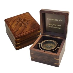 Engraved Compass Personalized in Wood Box | Antique Brass Desk Compass Gifts for Men, Him, Son, Grandson, Teen Boys for Graduation, Baptism, Confirmation, Leadership (Design My Own)