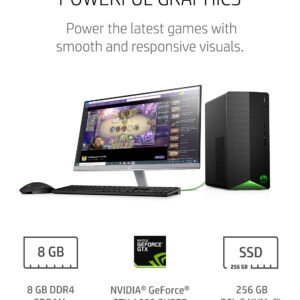 HP Pavilion Gaming Desktop, NVIDIA GeForce GTX 1650 SUPER, Intel Core i3-10100, 8 GB DDR4 RAM, 256 GB PCIe NVMe SSD, Windows 11, USB Mouse and Keyboard, Compact Tower Design (TG01-1022, 2020)