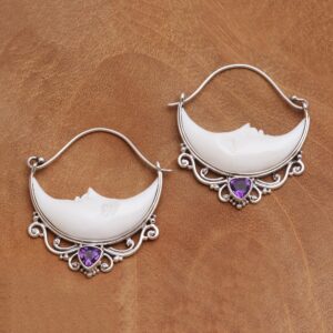 NOVICA Artisan Handmade Amethyst Hoop Earrings Crescent Moon from Bali Bone Sterling Silver Indonesia Birthstone Gemstone Sun [1.4 in L x 0.2 in W x 1.2 in D] ' Sleeping Moons'