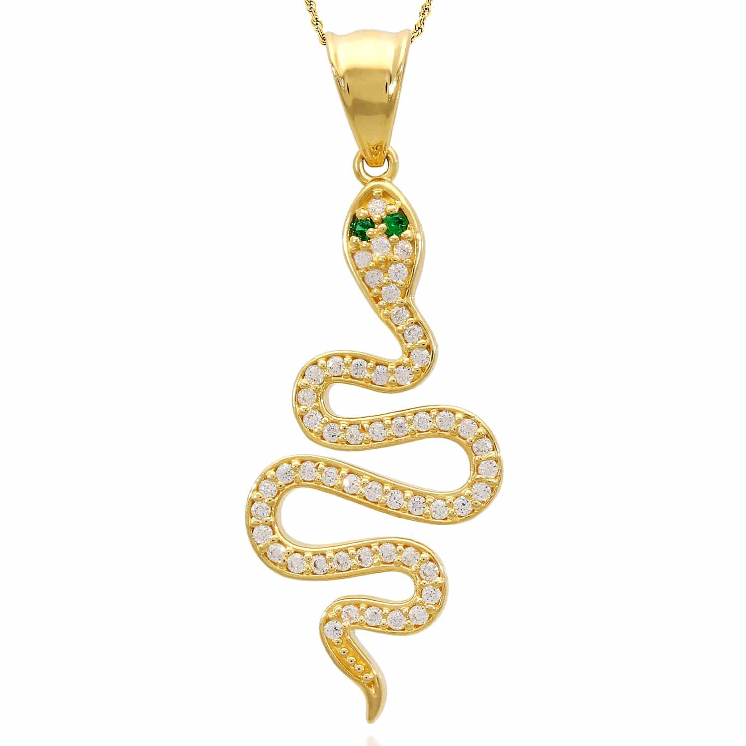 WJD Exclusives 14K Yellow Gold Simulated Diamond And Emerald Snake Charm Pendant