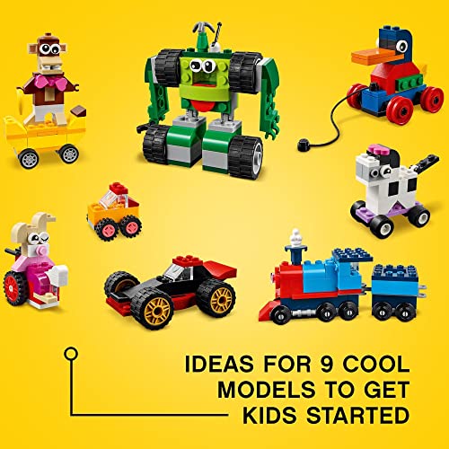 LEGO Classic Bricks and Wheels 11014 Building Kit, Includes a Toy Car, Train, Bus, Robot, Skateboarding Zebra, Race Car, Bunny in a Wheelchair, Pull-Along Duck and a Monkey on a Banana Skateboard