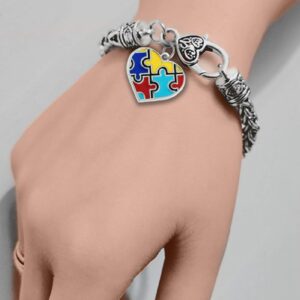 MiniJewelry Autism Awareness Love Heart Puzzle Jigsaw Charm Bracelet for Women Family