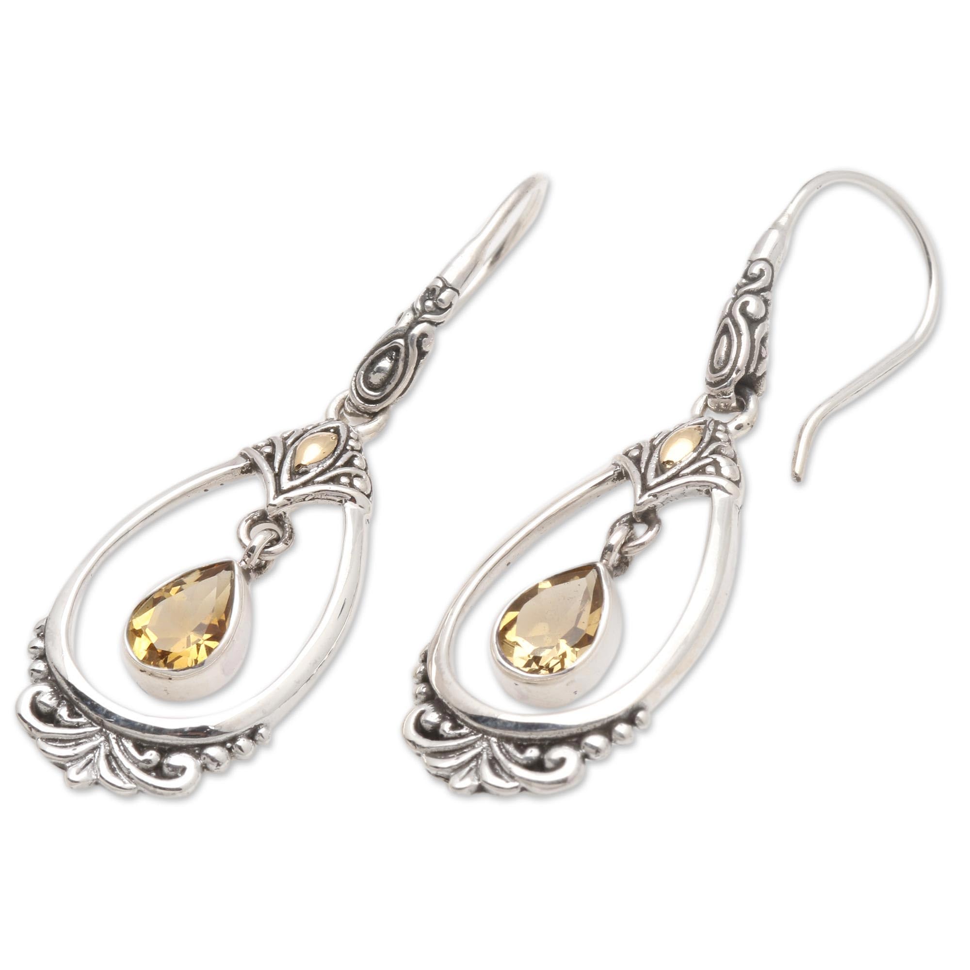 NOVICA Artisan Handmade Goldaccented Citrine Dangle Earrings with 18k Sterling Silver Indonesia Birthstone Gemstone [2 in L x 0.6 in W x 0.1 in D] ' Victoriana'