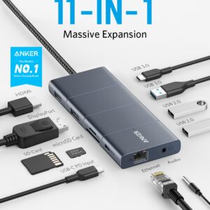 Anker USB C Hub, PowerExpand 11-in-1 Docking Station, with 4K@60Hz HDMI and DP, 100W Power Delivery, USB-C and 3 USB-A Data Ports, 1 Gbps Ethernet, 3.5mm Audio, microSD and SD Card Reader