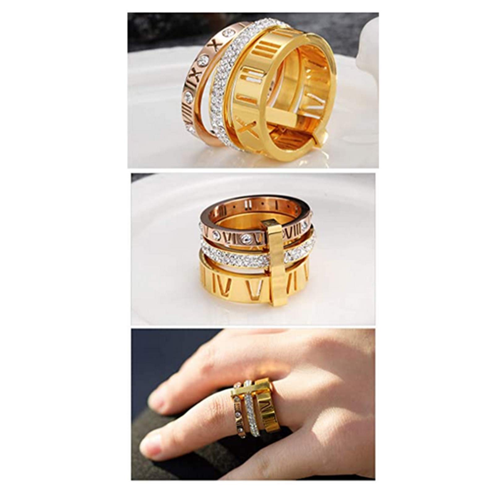 PAMTIER Women's Stainless Steel with Zirconia Roman Numerals 3 in 1 Ring Rose + Gold Size 6.5