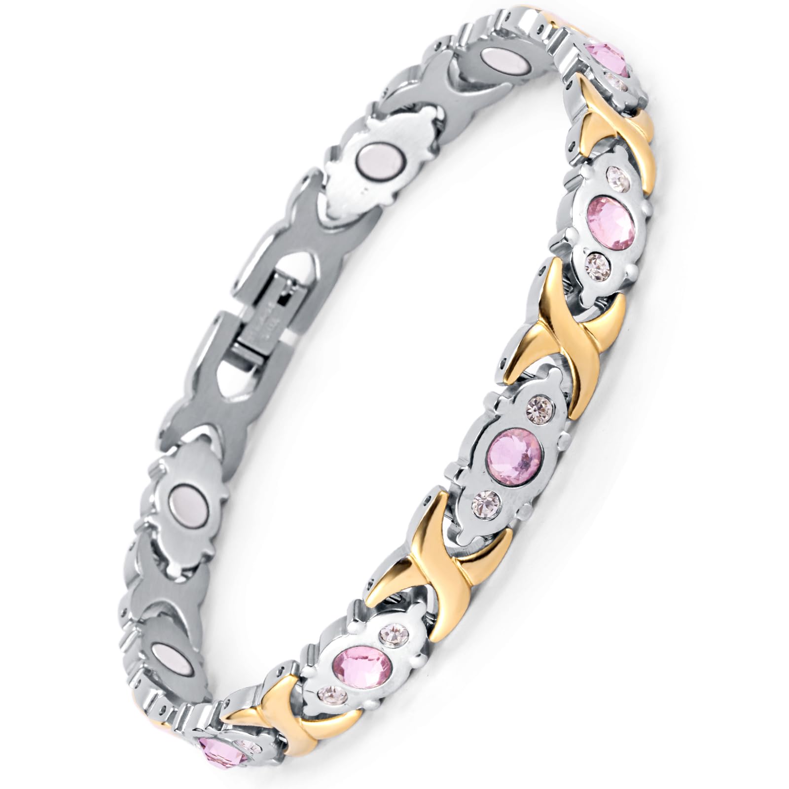 WELMAG WM Magnetic Bracelet for Women Sparkling Pink Crystals Design Fashion Chaninly Strength 3500 Gauss Magnetic Ladies Bracelets with Sizing Tool Jewelry Gift Box