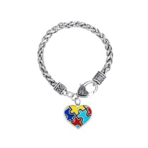 MiniJewelry Autism Awareness Love Heart Puzzle Jigsaw Charm Bracelet for Women Family