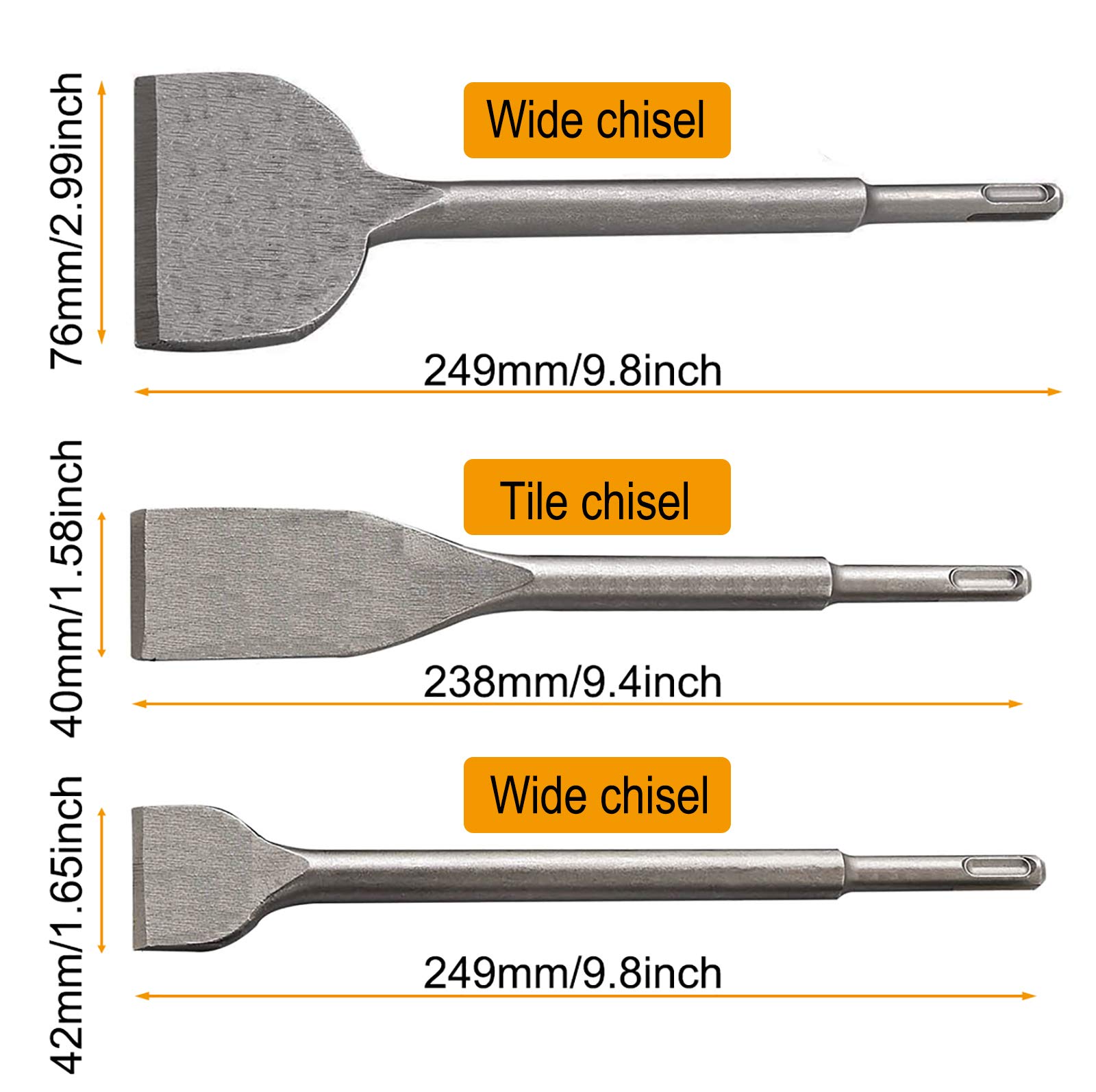 SDS Plus Hammer Drill Chisel Set, Rotary Hammer Bits Set Including Tile chisel, Grooving Chisel, Scrapping Chisel, Flat Chisel, Point Chisel, Scaling Chisel for Tile Masonry Concrete Brick Stone Work