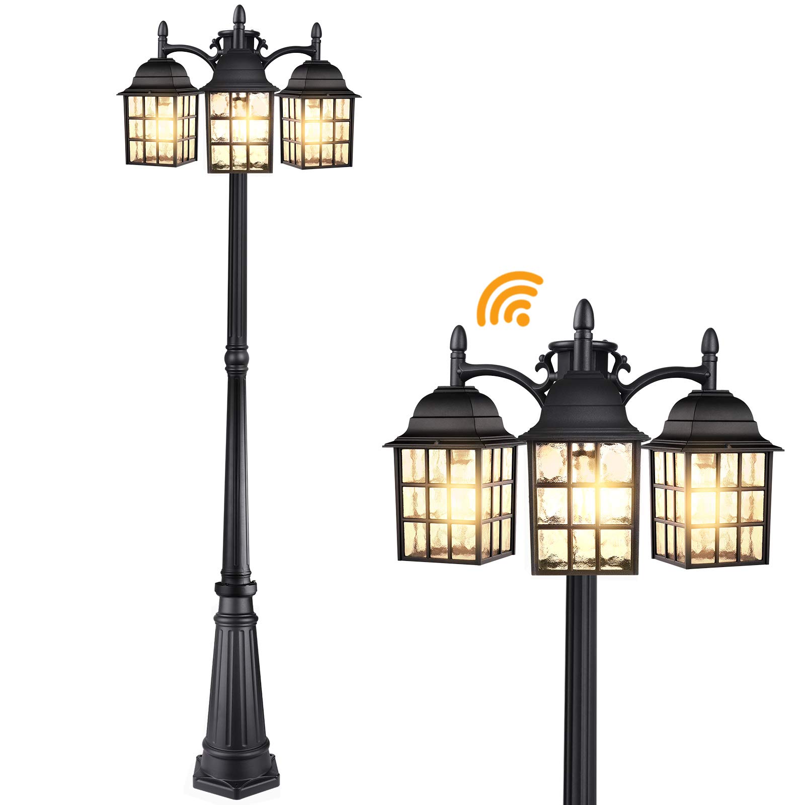 3-Head Outdoor Lamp Post Light Fixture, Dusk to Dawn Aluminum Post Lights Hard Wired, Sensor Pole Lights for Yard, Street Light Posts for outside with Water Ripple Glass Shade, E26 Base