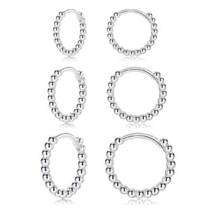 CERSLIMO Silver Hoop Earrings for Women| 3 Pairs Small Sterling Silver Post Beaded Huggie Earrings| Hypoallergenic Tiny Cartilage Sleeper Cuff Jewelry for Men Ladies, 8mm 10mm 12mm