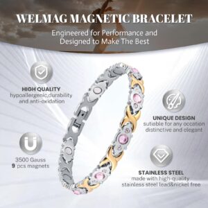 WELMAG WM Magnetic Bracelet for Women Sparkling Pink Crystals Design Fashion Chaninly Strength 3500 Gauss Magnetic Ladies Bracelets with Sizing Tool Jewelry Gift Box