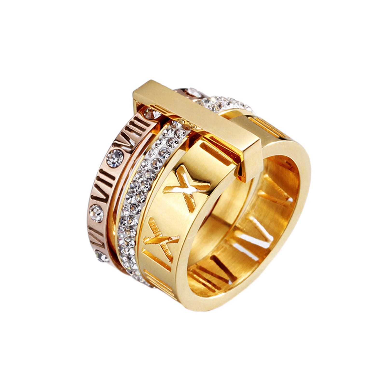 PAMTIER Women's Stainless Steel with Zirconia Roman Numerals 3 in 1 Ring Rose + Gold Size 6.5