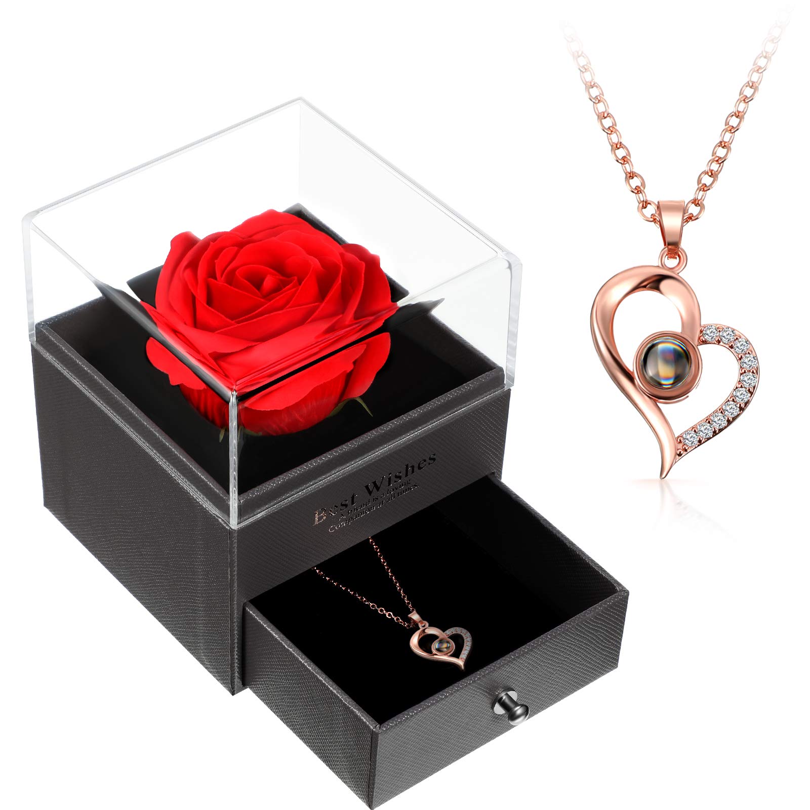 Hicarer I Love You Necklace 100 Languages Projection Heart Pendant Necklace with Red Rose Jewelry Storage Box Gifts for Christmas Mom Wife Girlfriend Wedding Birthday(Rose Gold)