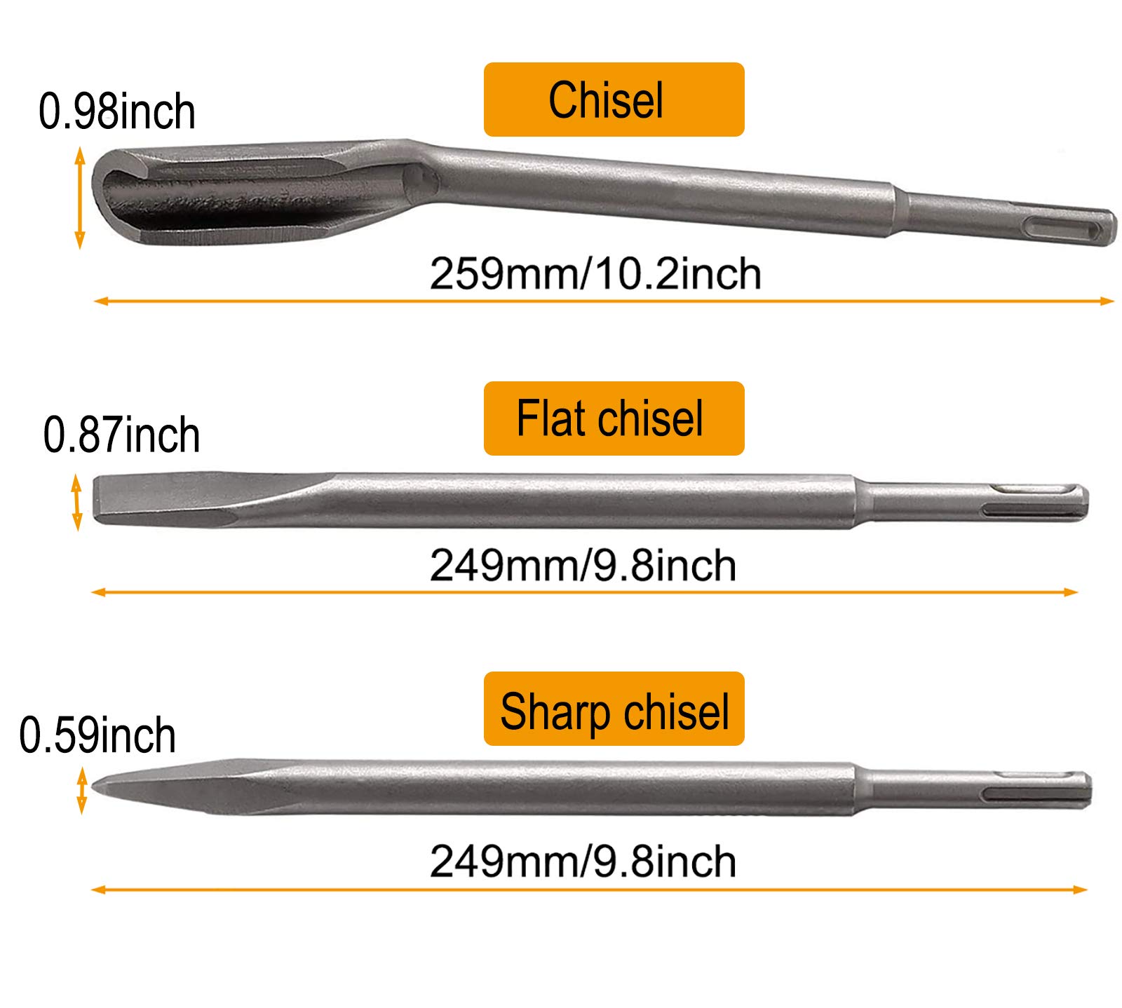 SDS Plus Hammer Drill Chisel Set, Rotary Hammer Bits Set Including Tile chisel, Grooving Chisel, Scrapping Chisel, Flat Chisel, Point Chisel, Scaling Chisel for Tile Masonry Concrete Brick Stone Work