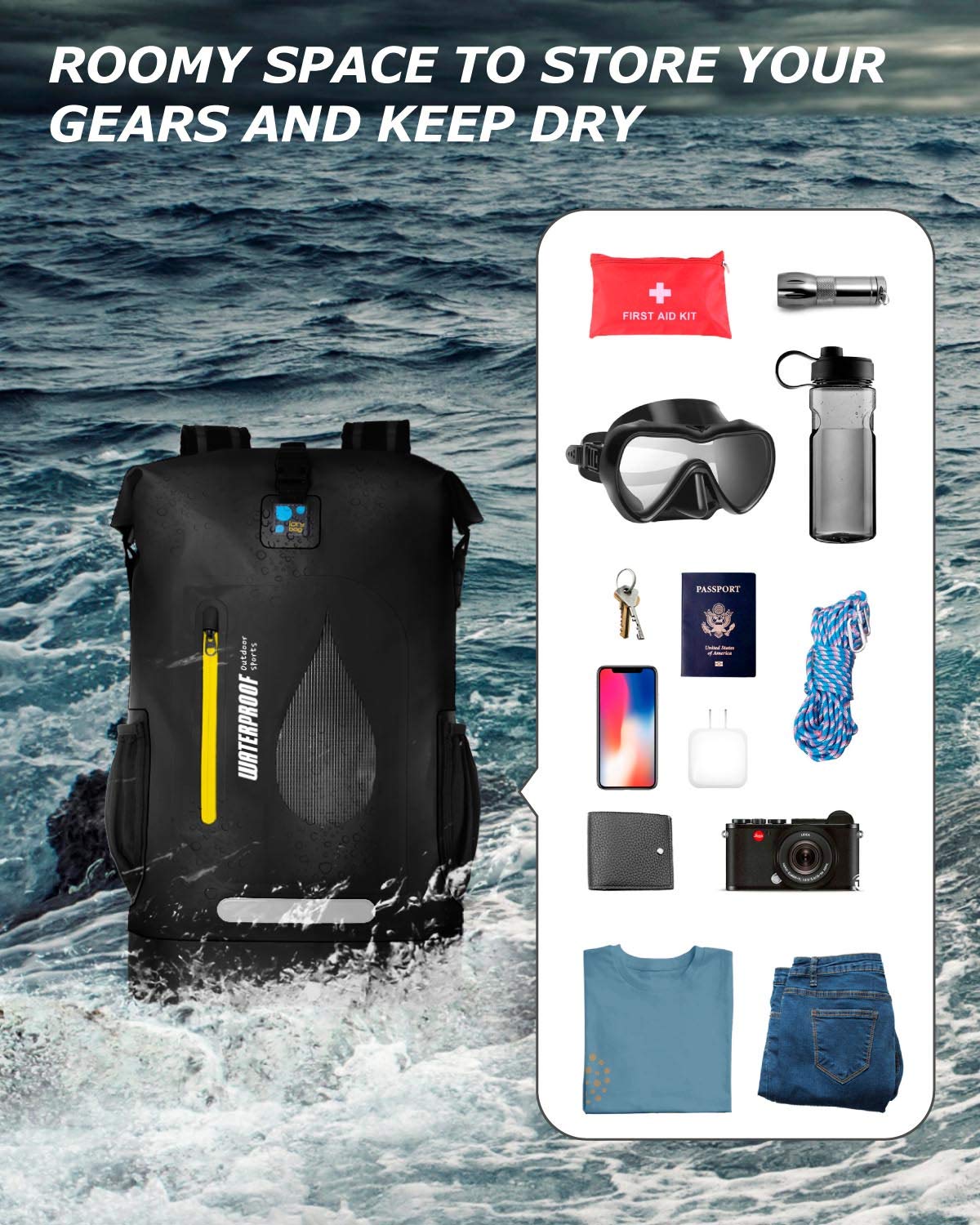 IDRYBAG Waterproof Backpack Dry Bag PVC 30L, Floating Bag Dry Backpack for Men, Dry Sack Waterproof Bag for Kayaking, Canoeing, Boating, Camping, Hiking