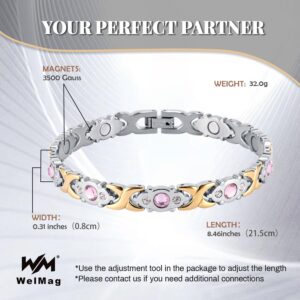 WELMAG WM Magnetic Bracelet for Women Sparkling Pink Crystals Design Fashion Chaninly Strength 3500 Gauss Magnetic Ladies Bracelets with Sizing Tool Jewelry Gift Box