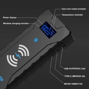 JOMGAND JW401 Jump Starter 2000A Car Battery Charger 22000mAh 12V Lithium Car Battery Booster Pack Portable Car Jump Starter with Wireless Charger Up to 8L Gas and 6L Diesel Engines