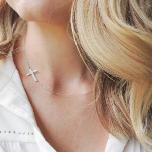 CHIC & ARTSY Cross Necklace for Women 925 Sterling Silver Sideways Cross Necklace Dainty Created Opal Cross Pendant Necklace Small Religious Necklace 16 to 18 Inches Adjustable