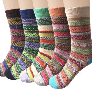 Loritta 5 Pairs Womens Wool Socks Winter Warm Socks Thick Knit Cabin Crew Cozy Boot Socks Gifts for Women, Multicolor