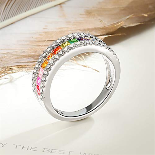 GNOCE Multi-Color Rainbow Band Ring 925 Sterling Silver Princess Cut Women Rings Eternity Wedding Bands Promise Rings for Her (Silver, 7)