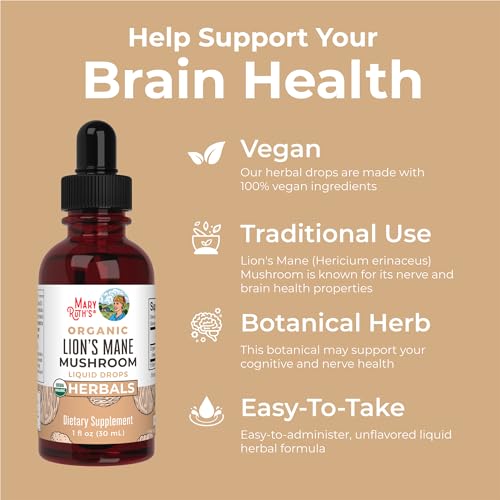 MaryRuth Organics Lions Mane Mushroom Supplement, Upto 2 Month Supply, Nootropic USDA Organic Lions Mane Extract Nervine Herbal Liquid Drops, Brain Health Non-GMO Vegan Alcohol Free Tincture, 1 Fl Oz