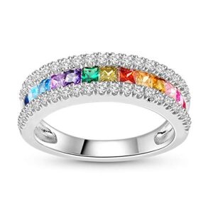 GNOCE Multi-Color Rainbow Band Ring 925 Sterling Silver Princess Cut Women Rings Eternity Wedding Bands Promise Rings for Her (Silver, 7)