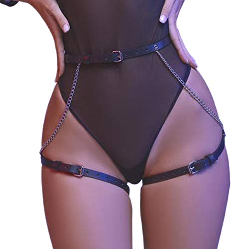 Bodiy Punk Waist Chain Belt Black Leather Belly Chain Rave Club Leg Body Chain Jewelry for Women and Girls