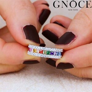 GNOCE Multi-Color Rainbow Band Ring 925 Sterling Silver Princess Cut Women Rings Eternity Wedding Bands Promise Rings for Her (Silver, 7)