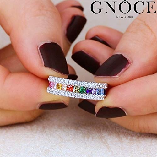 GNOCE Multi-Color Rainbow Band Ring 925 Sterling Silver Princess Cut Women Rings Eternity Wedding Bands Promise Rings for Her (Silver, 7)