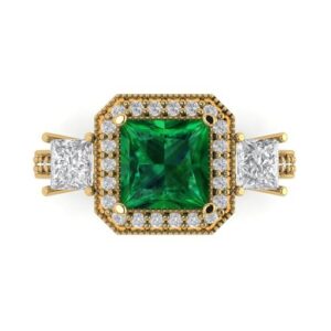 Clara Pucci 2.93 ct Cushion Cut Halo 3 stone Genuine Simulated Emerald Engagement Promise Anniversary Bridal Ring 18K Yellow Gold 3.5