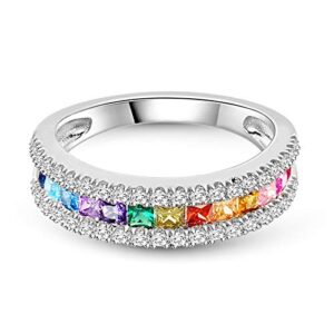 GNOCE Multi-Color Rainbow Band Ring 925 Sterling Silver Princess Cut Women Rings Eternity Wedding Bands Promise Rings for Her (Silver, 7)