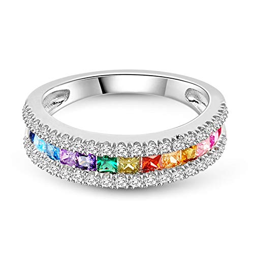 GNOCE Multi-Color Rainbow Band Ring 925 Sterling Silver Princess Cut Women Rings Eternity Wedding Bands Promise Rings for Her (Silver, 7)