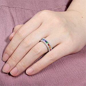 GNOCE Multi-Color Rainbow Band Ring 925 Sterling Silver Princess Cut Women Rings Eternity Wedding Bands Promise Rings for Her (Silver, 7)