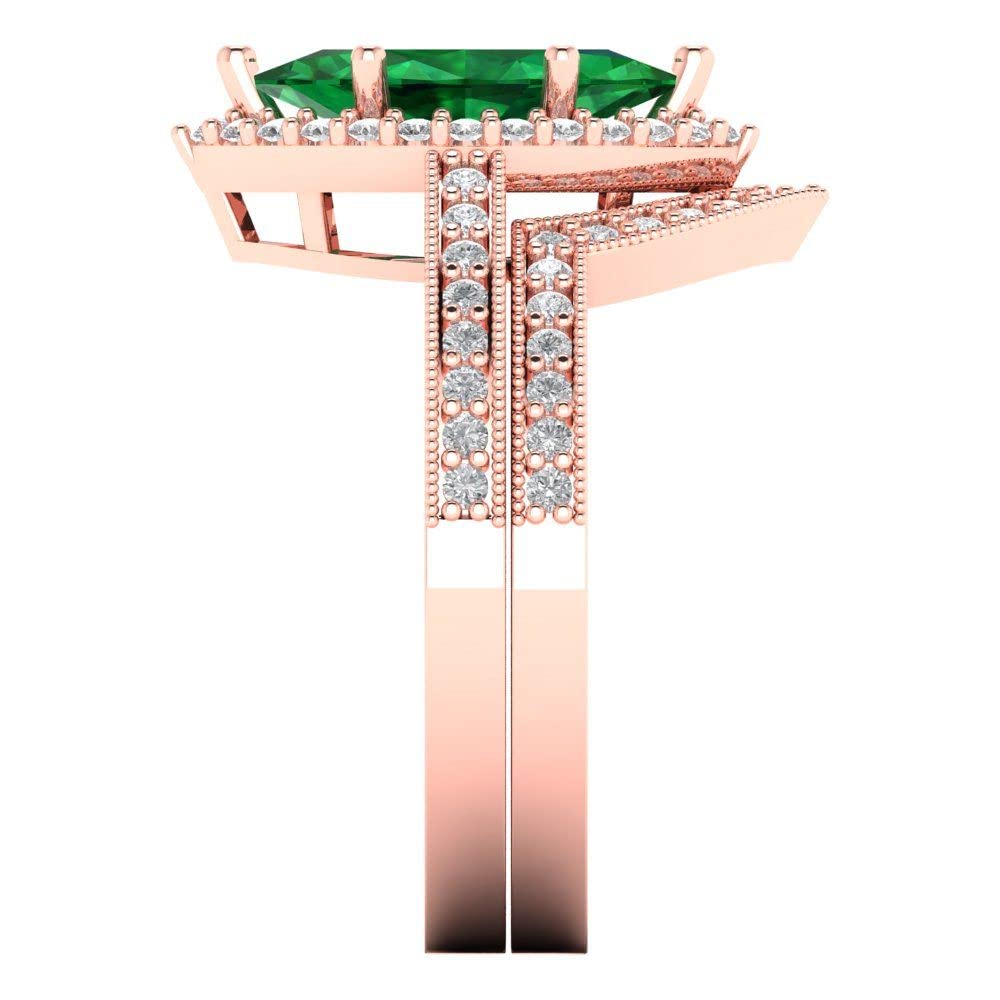 Clara Pucci 2.16ct Marquise Cut Halo Solitaire Simulated Emerald Engagement Promise Anniversary Bridal Ring Band set 18K Rose Gold 3.5