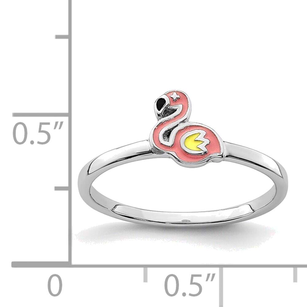 Bonyak Jewelry Solid Sterling Silver Rhodium-Plated Enameled Flamingo Ring in Size 4