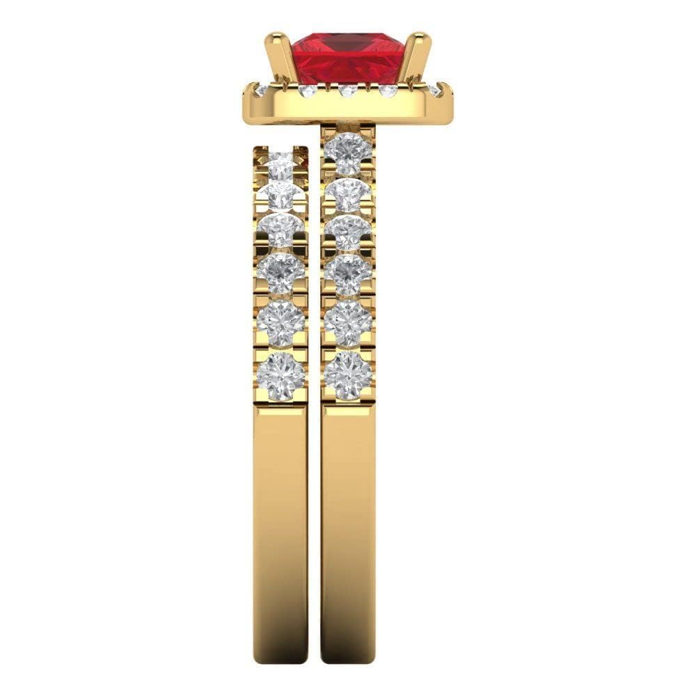 Clara Pucci 1.7 ct Princess Cut Halo Solitaire Simulated Ruby Designer Art Deco Statement Wedding Ring Band Set 18K Yellow Gold 3.5