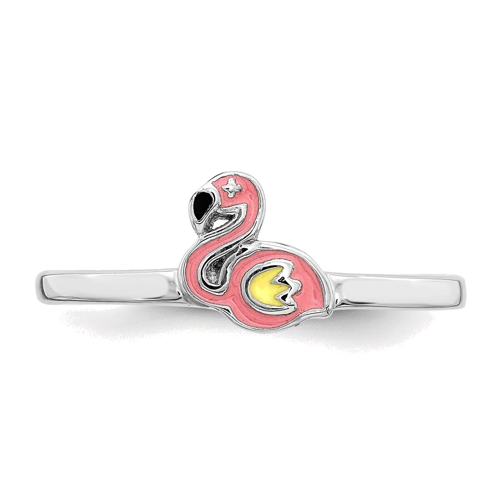 Bonyak Jewelry Solid Sterling Silver Rhodium-Plated Enameled Flamingo Ring in Size 4