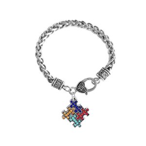 SBI Jewelry Autism Awareness Bracelet for Women Men Family Friendship Crystal Puzzle Charm Bracelet Jigsaw Bangle Bracelets for Women Mom Aunt Grandma