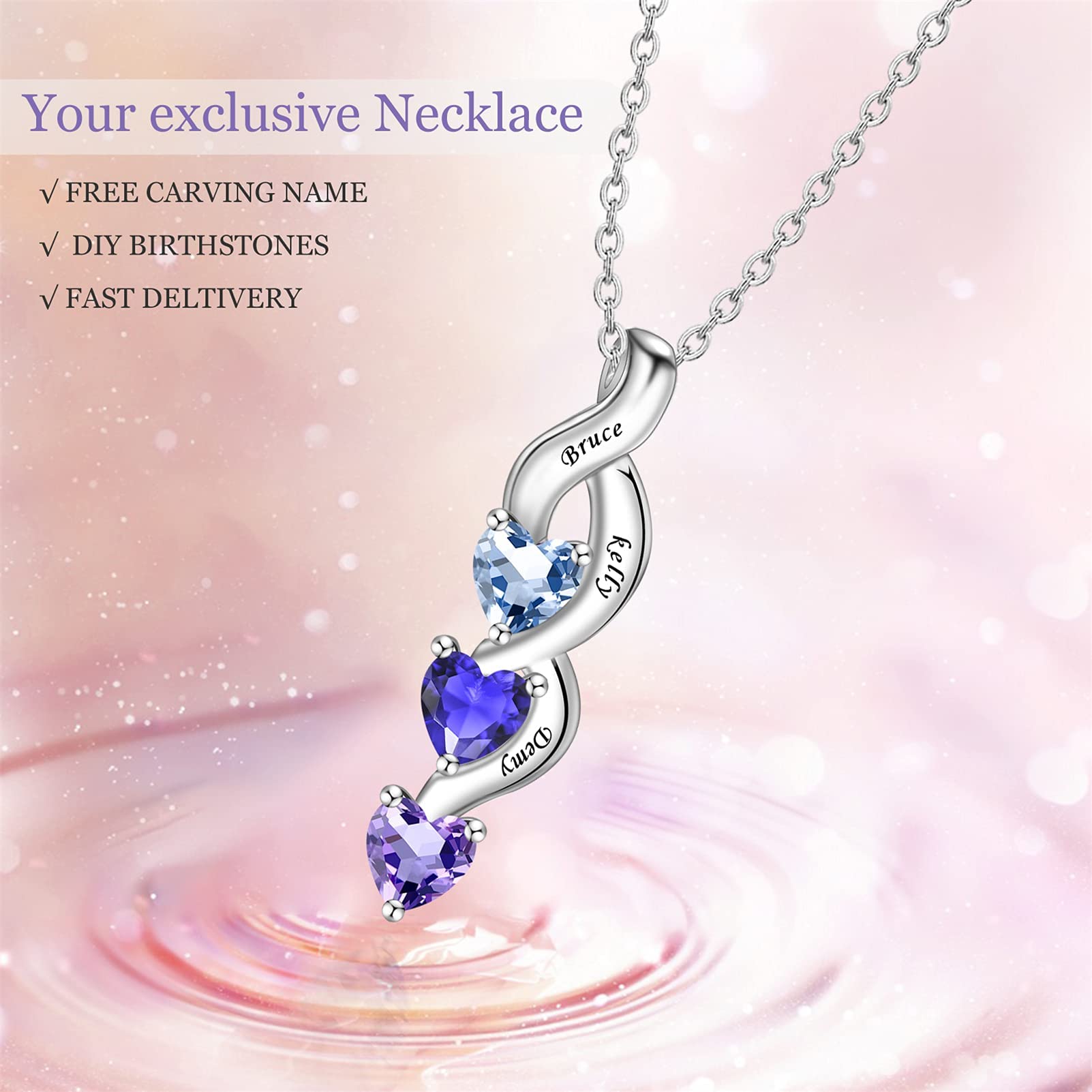 BAUMA AUTO Necklace for Mom S925 Personalized Mothers Necklace Free Engraving Mother and Love Heart Pendant Necklace with 1/2/3/4 Simulated Birthstones Mother Necklace with Name (Sliver-7)