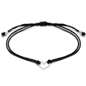 Claudia Lira Joyas Black Womens Friendship Bracelet, Small Handmade Sterling Silver 925 Open Heart Shaped Charm, Pull Adjustable Kindred Cord Thread. Handmade Heart Gift Set